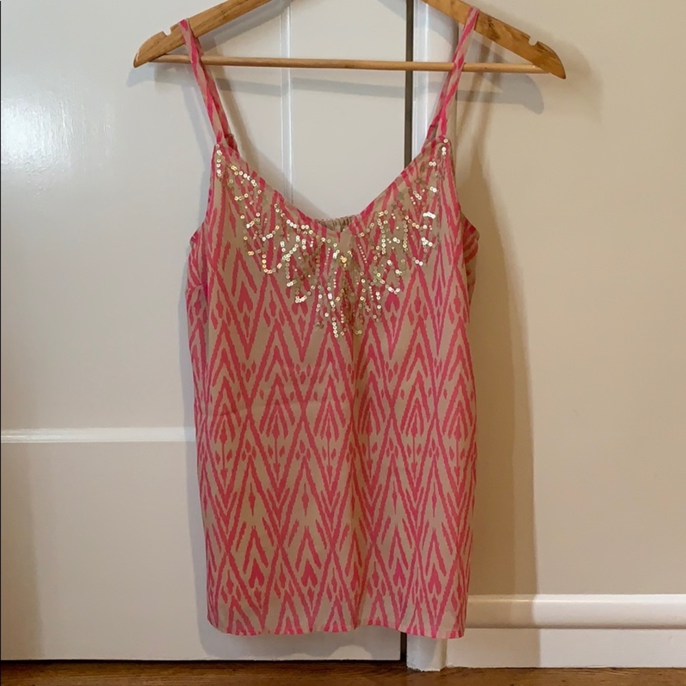 Old Navy pink/tan Ikat print tank with sequins